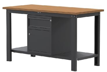 SOGI X3N_103L Werkbank - 1,5 m - Holzplatte - Schrank mit Tür und Schublade - Anthrazitgrau, Holzbock