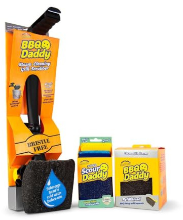 Scrub Daddy BBQ Daddy Grill Cleaner Kit - Bristle Free Grill Brush with Refill + 2 Steel Scour Daddy Grill Sponges - Built-in Grill Scraper - Temperature Controlled Grill Cleaning Tools (4 Count)