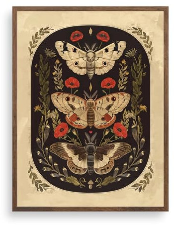 TwoDays Cottagecore Dekor, Motten und Mohnblumen, Wandkunst für Wohnzimmer, ästhetisch, Boho-Poster mit botanischem Schmetterling, für Schlafzimmer, Vintage-Herbst-Natur-Kunstdrucke. (30,5 x 40,6 cm,