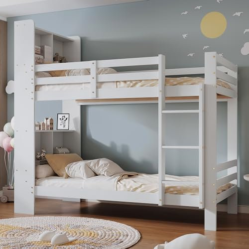 Oyemige Letto a Castello, Letto per Bambini con Contenitore, Letto Matrimoniale con Ripiano e Scala Ad Angolo Retto a Tre Gradini, 90x200 cm Letto In Legno, Rete A Doghe, Bianco, Senza Materasso