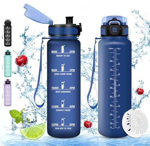 Gourde Sport, 1000ml, Sans BPA, Étanche & Réutilisable, Bouteille d'Eau avec Marqueur de Temps et Filtre, Convient Pour Enfant & Adulte, Sport, Yoga, Camping, Gym