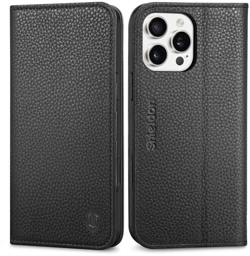 SHIELDON Hülle für iPhone 16 Pro Max 5G, Handyhülle Case [Litschi Echtleder] [RFID Blocker] [Kartenfach] [Ständer] Magnetisch Schutzhülle Kompatibel mit iPhone 16 Pro Max 6,9 2024 - Schwarz