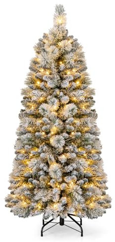 COSTWAY Sapin de Noël Artificiel Lumineux LED de 150 cm, Arbre de Noël Floqué, 378 Pointes de Branches, 130 Lumières LED Blanc Chaud, Section Pliable, Support en Métal, Décoration de Noël