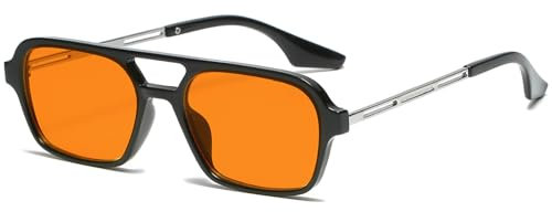 JCTAIFOO Vintage 70s Quadratische flache Piloten-Sonnenbrille für Herren Damen Trendy Retro Rectangle Small Shades Cool Niedliche Mode Brille Schwarz-Silber/Orange