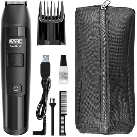 WAHL Manscaper Lithium Leisten- und Körpertrimmer, vollständig wasserdichter Trimmer, Nass-/Trockeneinsatz, Smart Trim Technology LED, Safe-Touch-Kugelkopfschneidsätze, wiederaufladbar, schwarz