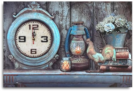 LEDSone Reloj de pared rectangular náutico de 60 x 40 cm, con figura de gallo con farol, lienzo decorativo, pintura con reloj, reloj de pared fácil de leer, para dormitorio, sala de estar (estilo 06)