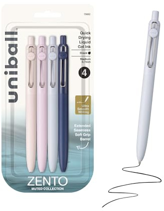 uni-ball Zento Gel Ink Ballpoint Pen - Black - Smooth Medium Nib - Coloured Japanese Pens - Discreet Colours (Pack of 4)