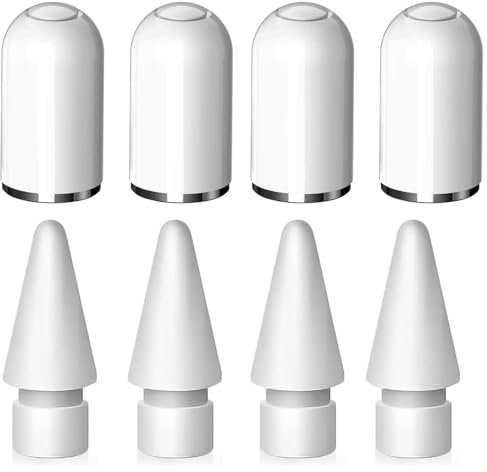 Wilbeva 4 Stück Kappe für Apple Pencil 1. Generation + 4 Stück Spitzen Ersatz & Nib Zubehör für Apple Pencil 2/1 Generation