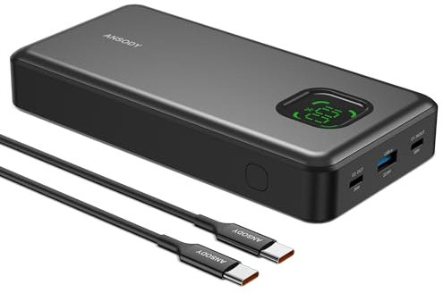 ANSODY 65W Power Bank, 25000mAh PD Laptop Charger 100W Total Fast Charging Battery Pack with 3 Ports with Digital Display Compatible with iPhone 16/15 Dell (Gray)