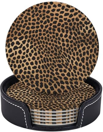 AUGUSTRUSH Round PU Leather Coasters Set of 6, Leopard Print coaster with Storage Box, Heat-Resistant Non-Slip Drink Pads for Kitchen Desk Office Dining Table