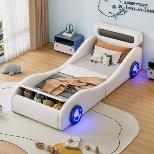ComfortXL Kinderbett 90x200 cm, Autobett mit LED-Rädern und Stauraum, Jugendbett mit weicher Polsterung, PU-Kunstleder, ohne Matratze, Weiß