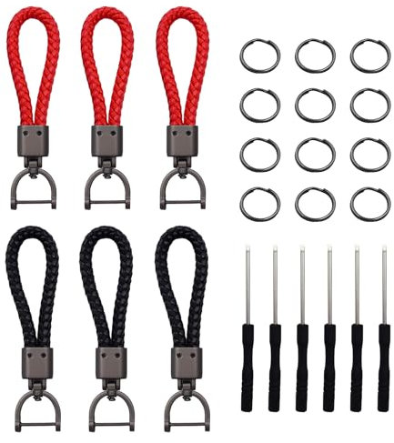 ZHIQIN 6 Stück Leder Geflochten Schlüsselanhänger D Ring Auto Geflochten Schlüsselband Schlüsselanhänger für Auto Motorrad für Autos Motorrad Fahrrad Haus Schlüssel (Schwarz und Rot)