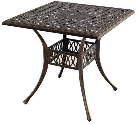 GOPLUS Mesa de Jardín Exterior de Aluminio Fundido Vintage | Mesa Cuadrada para Patio, Terraza, Jardín y Piscina con Agujero para Sombrilla de 48 mm, 80 x 80 x 75 cm, Bronce