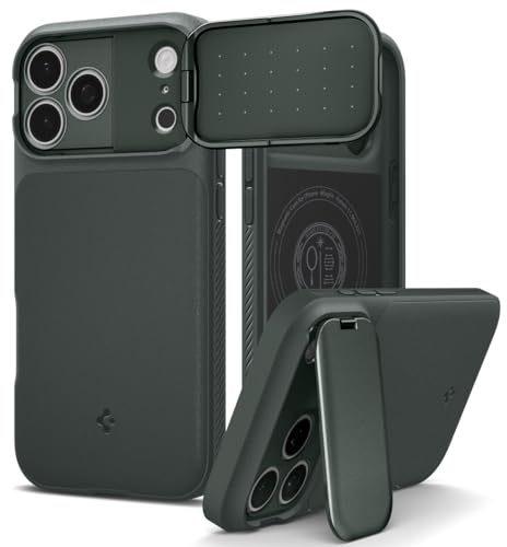 Spigen iPhone 17 Pro Hülle [Kamera-Schutz][2025 Upgrade] Optik Armor MagFit Case mit Metall-Ständer Kompatibel mit MagSafe -Abyss Green