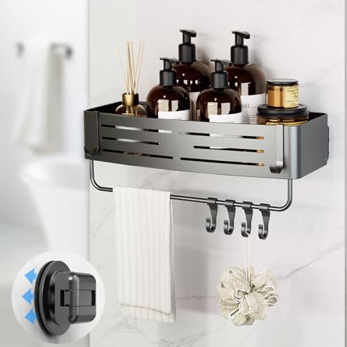 Onemake Suction Cup Shower Caddy, Shower Shelf, Bathroom Organiser, Gray | No-drill Rustproof Aluminum Removable Caddy with Hooks, Wall Mounted Shower Organizer, Corner Shampoo Holder for Bathroom