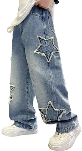 Rolanko Boys Baggy Jeans Elasticated Waist Cargo Bootleg Skater Jeans with Multipockets Vintage Streetwear Denim Pants for Kids