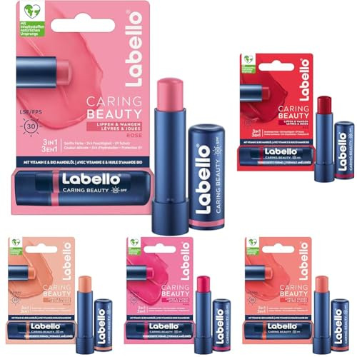 Labello Caring Beauty Rose, Red, Coral, Pink & Nude Lippenpflegestift mit Farbe und Sonnenschutz, farbige Lippenpflege mit LSF 30, Vitamin E und Bio-Mandelöl, Lippenbalsam für Lippen und Wangen (4,8g)