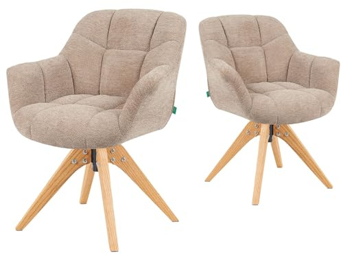 DUBI Möbel Esszimmerstühle 2er Set 360° drehbar mit Taschenfederkern, hoher Sitzkomfort, bis 150 kg belastbar, abriebfester Stoff Beige, Eiche Massivholzgestell geölt (Natur), Mika-Nele