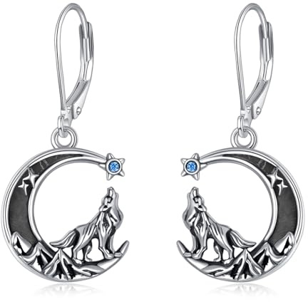 DAYLINLOVE Wolf Ohrringe 925er Sterling Silber Berg Mond Schwarz Türkis Leverback Hängend Ohrhänger Wikinger Therianer Schmuck Geschenke für Damen Mädchen