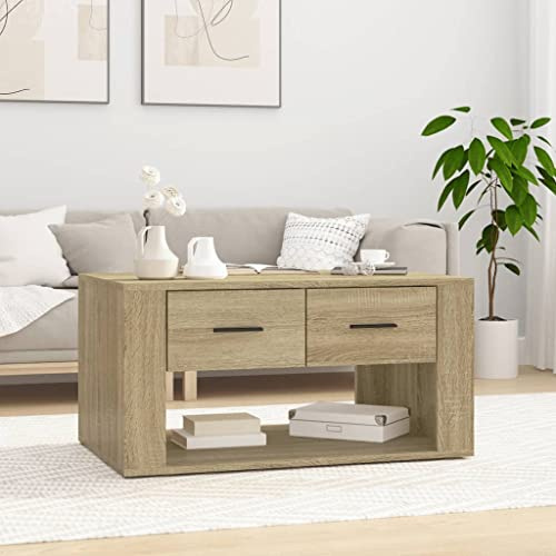 Holamys Couchtisch Sonoma-Eiche 80x50x40 cm, Holzwerkstoff, mit 2 Schubladen, robuster Wohnzimmertisch für Snacks, Getränke, Moderne Einrichtung, pflegeleicht
