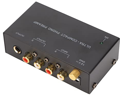 Eacam Phono Turntable Preamp, Low-Noise-OP-Verstärker, Verstärkungseinstellungssteuerung, Stereo-Eingangsausgang, Vorverstärkerverstärker für Plattenspieler, Größe Metallmaterial, (EU -Stecker)