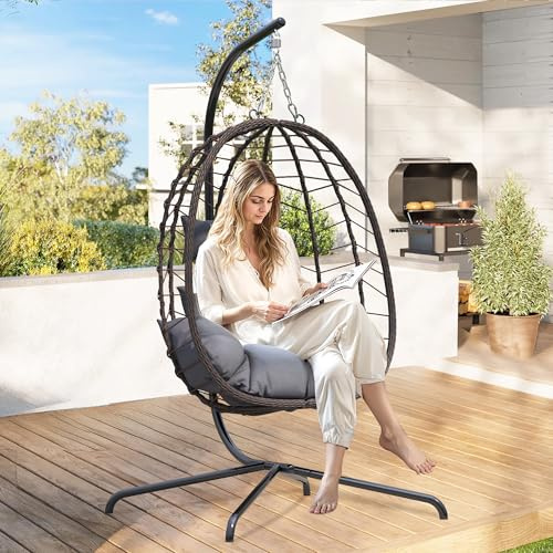 LEX CRAFT Hanging Egg Chair with Stand, Swinging Egg Chair Outdoor Indoor, Hanging Basket Chair with Cushion, Patio Wicker Hammock Chair 350lbs Capacity for Porch, Balcony, Backyard, Garden (Grey1)