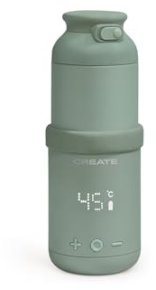 CREATE/BABY PORTABLE MILK WARMER/Termo calentador de leche y agua para biberones verde sage/Selector de temperatura, para leche materna y de fórmula, capacidad de 310 ml, libre BPA/PFOA, 35W