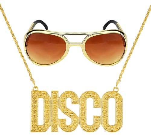2 Stück 70er 80er Jahre Disco Kostüm Accessoires mit Disco Goldkette Disco Brille, Sonnenbrille Disco Zeichen Halskette für Herren Damen, Hip Hop Halskette Disco Sonnenbrille für Rock Hippies