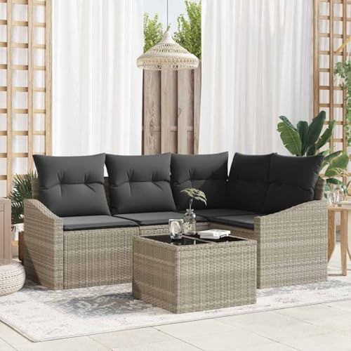 Hoopleep Gartensofa-Set mit Kissen, 5-teilig, Hellgrau Poly-Rattan, Modulares Sofa für Terrasse, Balkon, Außenbereich, Langlebige Sitzgruppe mit Tisch