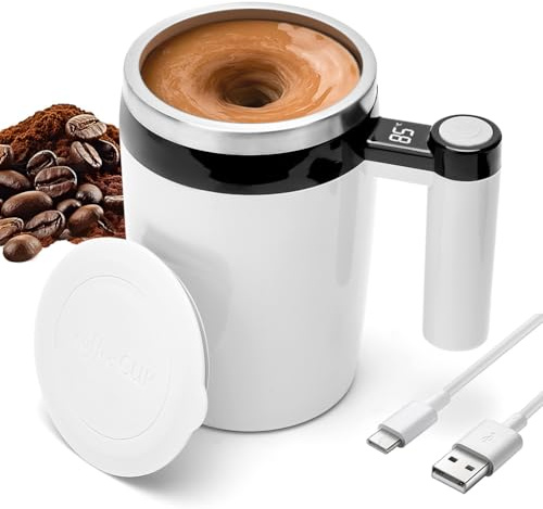 Wapasezyar Selbstrührende Tasse, Selbstrührender Becher mit Temperaturanzeige, 304 Edelstahl Magnetische Elektrischer Shaker mit Henkel für Heisse Schokolade, Kaffee, Milch (Weiß, 400 ml)