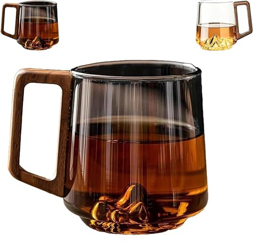 Smokey Gray Glass Slanted Coffee Cup with Wooden Handle, Creative Wonder Mountain Bottom Wood Handle Cup, Retro & Heat/Cold Resistant, for Coffee & Tea Lovers (Smoky Gray)