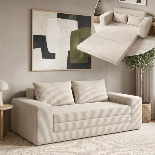 skølm Kvasir Schlafsofa 2-Sitzer 120 cm, Cord Beige, Vollschaum, Klappsofa | Sofa mit Klappmatratze & 2 Kissen, mit Schlaffunktion, Gästebett, Cloud Couch, vakuumverpackt, Wohn-/Gästezimmer, Wohnsofa