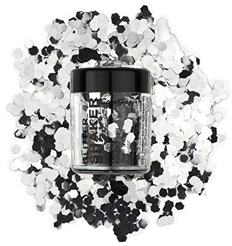 Stargazer Chunky Glitter Shaker, Silver. Cosmetic glitter for use on the eyes, lips, face, body, hair and nails.