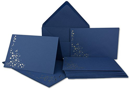 NEUSER PAPIER Faltkarten-Set mit Umschlägen DIN C6 A6 - Nachtblau mit goldenen Metallic Sternen - 30 Sets - für Drucker geeignet Ideal für Weihnachtskarten