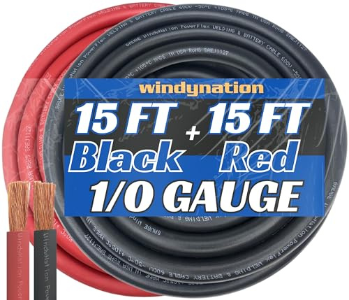WindyNation 1/0 Gauge 15 Ft Black & Red Copper Cable Wire - Ultra Flexible Welding, Battery, RV, Solar - Made in USA