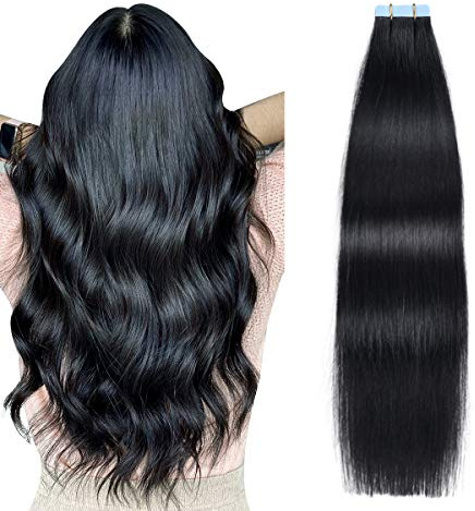 SUYYA Tape Extensions Echthaar 16 Zoll 40 cm #1 Tief Schwarz | Remy Echthaar, natürliche Haarverdichtung, Skin Weft, 20 Stück 40 g, für mehr Länge und Volumen mit natürlichem Look