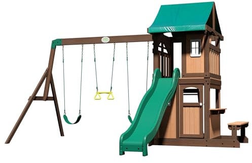 Backyard Discovery Lakewood Swing Set | Outdoor Play Equipment for Children, Wooden Climbing Frame, Garden Playground for Kids, 2 Belt Swings, Playhouse with 8ft. Slide | 100% Cedar Wood