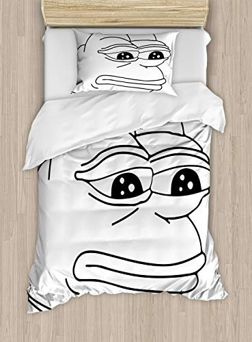 ABAKUHAUS Humor Bettbezugs Set für Einzelbetten, Weinend Frosch Meme Cartoon, Milbensicher Allergiker geeignet mit Kissenbezug, 130 x 200 cm, Schwarz Weiß