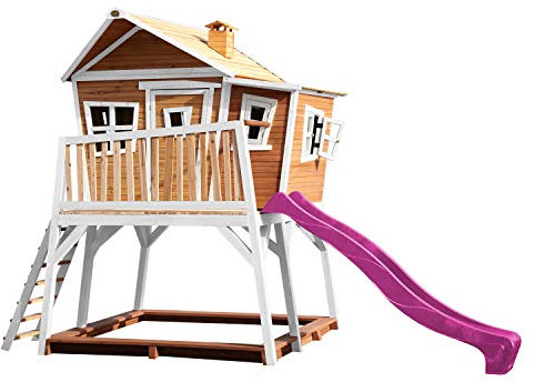 AXI Spielhaus Max mit Sandkasten & lila Rutsche | Stelzenhaus in Braun & Weiß aus FSC Holz für Kinder | Spielturm mit Wellenrutsche für den Garten.