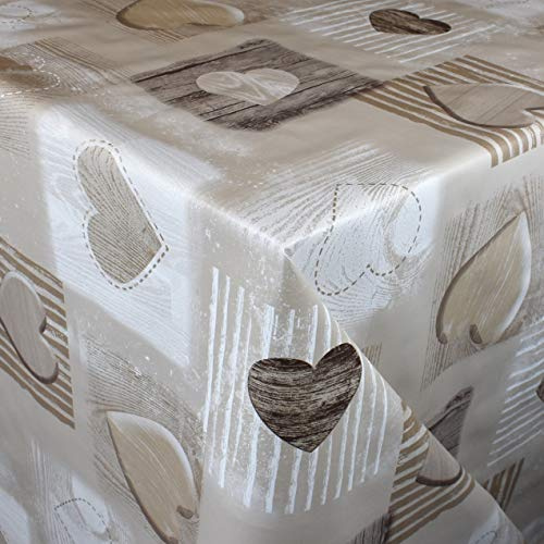 KEVKUS Wachstuch Tischdecke Meterware C146122 Herzen Love Holz braun beige wählbar in eckig rund oval (Rand: Paspel (mit Kunststoffband), 140 x 180 cm eckig)
