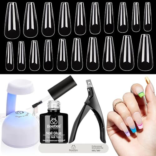 Beetles 5 in 1 Gel Nail Extension Kit - Easy Application Set With Base Coat, Pre-shaped Long Coffin Tips, LED Lamp, and Acrylic Clipper for Nail Art