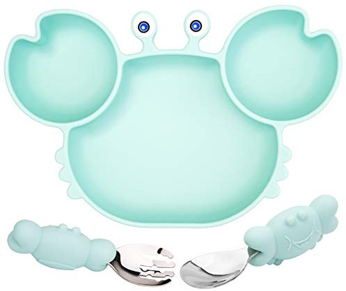 Linowos Assiette à ventouse en silicone pour tout-petits avec fourchette et cuillère – Assiette divisée pour l'auto-alimentation – Assiette et bol pour bébé et tout-petit