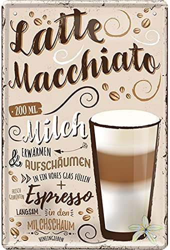 Kaffee Sorten Zubereitung Rezept Retro Deko Blechschild Coffee Bar Bistro Restaurant (20 x 30 cm, Latte Macchiato - Milch aufschäumen Milchschaum Espresso 2270)