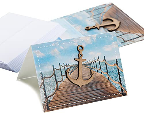 Logbuch-Verlag 10 maritime Grußkarten ohne Text mit Anker aus Holz - Geburtstagskarte Karte Rente Genesung Geburtstag - mit Kuvert