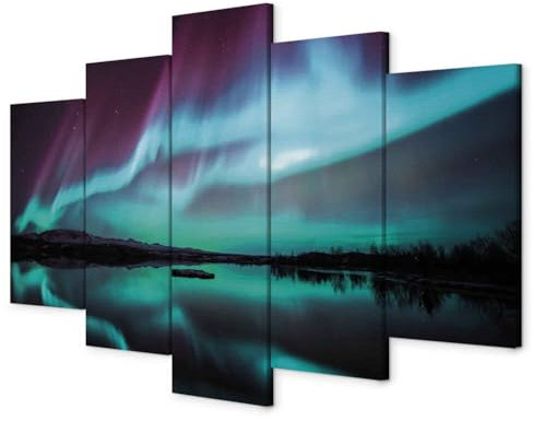 murando - Wandbilder XXL Polarlicht 150x75 cm 5 tlg - Wand Deko Leinwand Bilder Groß Bilderset Wohnzimmer BIld Schlafzimmer Kunstdrucke - Nordlicht Island Nacht Aurora Nachtlandschaft c-B-0290-b-n
