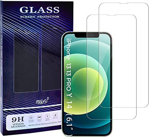 UNO' Protector pantalla 2 Unidades, Protector pantalla cristal templado compatible con iphone 14, 13, 13 Pro (6,1), Vidrio Templado Ultra Resistent Sin Burbujas, 9H (Transparent).