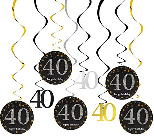 AINIUNIU 40. Geburtstag deko für Mann, Schwarz Gold 40. Geburtstag Hängend Wirbel Dekoration, 40. Geburtstag Hängedeko Deckenhänger Spiral Girlande für 40 Geburtstag Dekoration Männer Frau (40th)