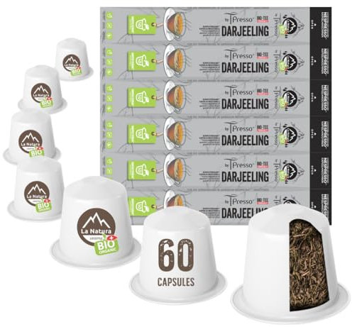 Thé Darjeeling biologique| La Natura Lifestyle by Tpresso® 60 capsules de thé compatibles avec les machines à capsules Nespresso® | Capsules industrielles 100% compostables | Écologique