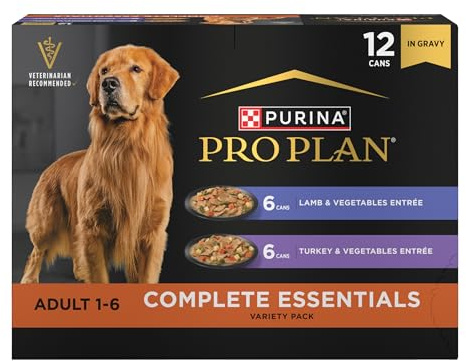 Purina Pro Plan Complete Essentials Wet Dog Food, Lamb and Vegetables and Turkey and Vegetables in Gravy Variety Pack - (Pack of 12) 13 oz. Cans