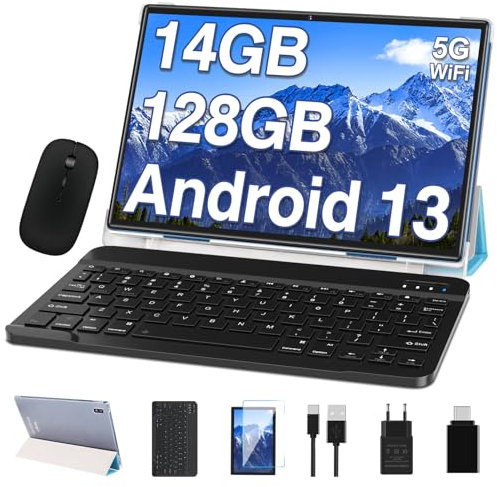 Oangcc Tablette 10 Pouces FHD Android Tablette Tactile, 14Go RAM+128Go ROM/TF 1To, Octa-Core, 2Ghz, 5G WiFi, 8000mAh, 5+8MP, BT 5.0, Certifié GMS, AGPS, Tablette 2 en 1 avec Clavier+Souris - Bleu
